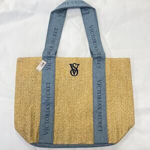 Victoria's Secret Straw Beach Tote Bag Large Weekender Travel Blue Beige
